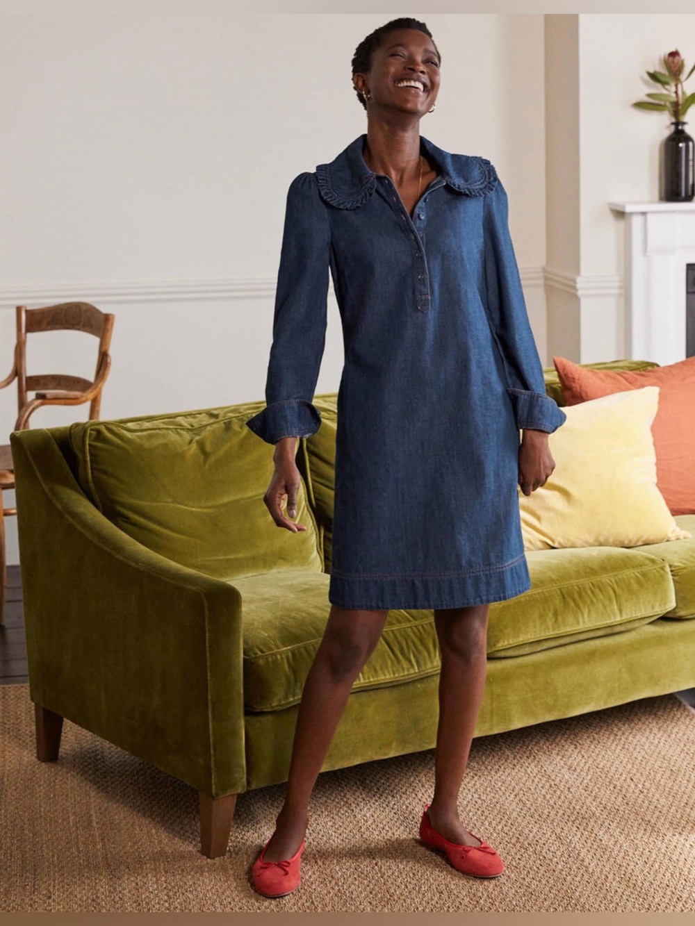 Boden Statement Collar Denim Dress with ruffled trim collar size US10